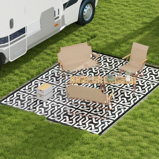 Outsunny Rv Mat Outdoor Patio Rug Large Camping Carpet With Carrying Bag 9 x27 X 12 x27 Waterproof Plastic Straw Reversible Black amp White Chain