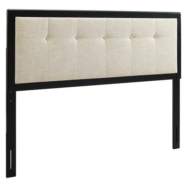 Marlin Traditional Beige Fabric Button Tufted King Size Black Wooden Headboard - - 32157980