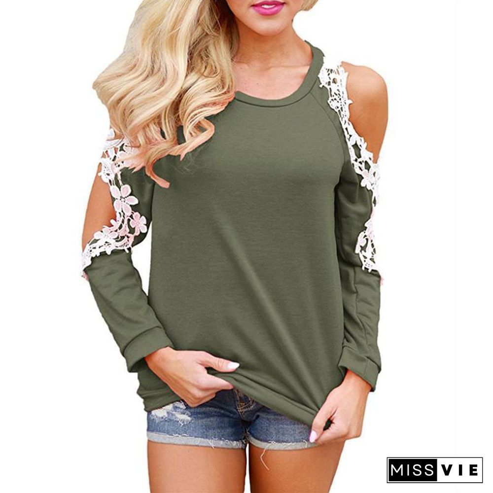 Women Cold Shoulder Long Sleeve Lace Blouse Causal Loose Solid Tops Tees