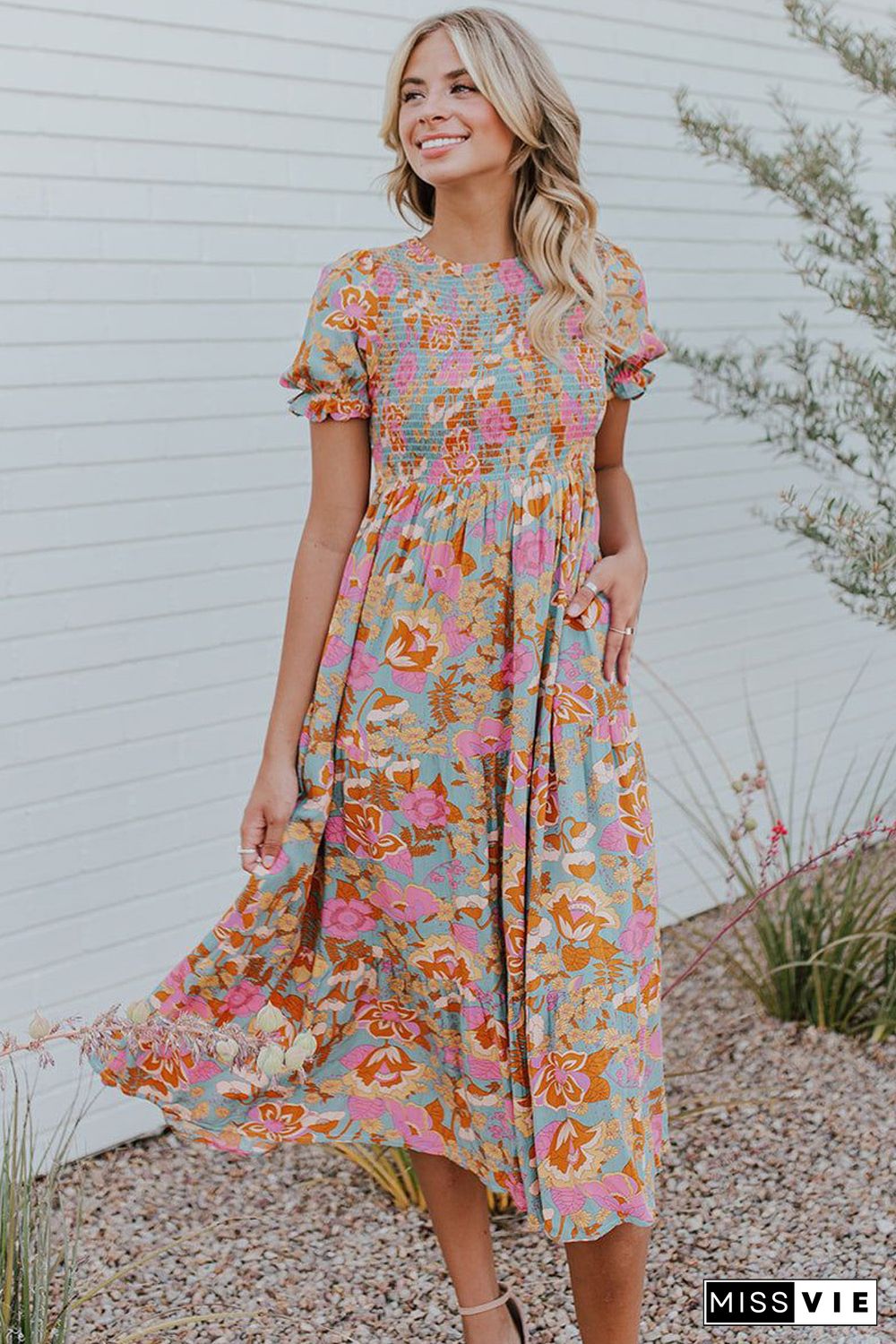 Sky Blue Floral Bubble Sleeve Smocked Flowy Ruffle Dress