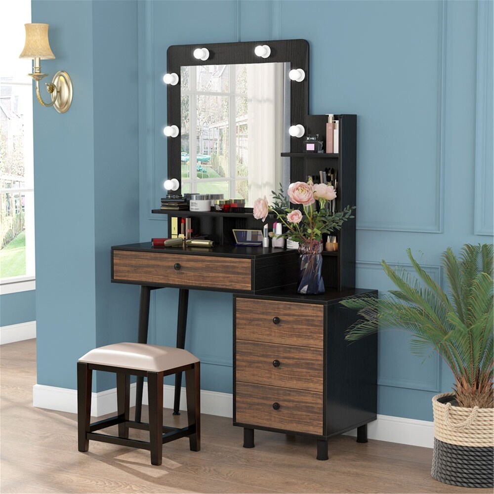 Makeup Vanity Dressing Table with Lighted Mirror and 3 Drawer Chest   Black/brown