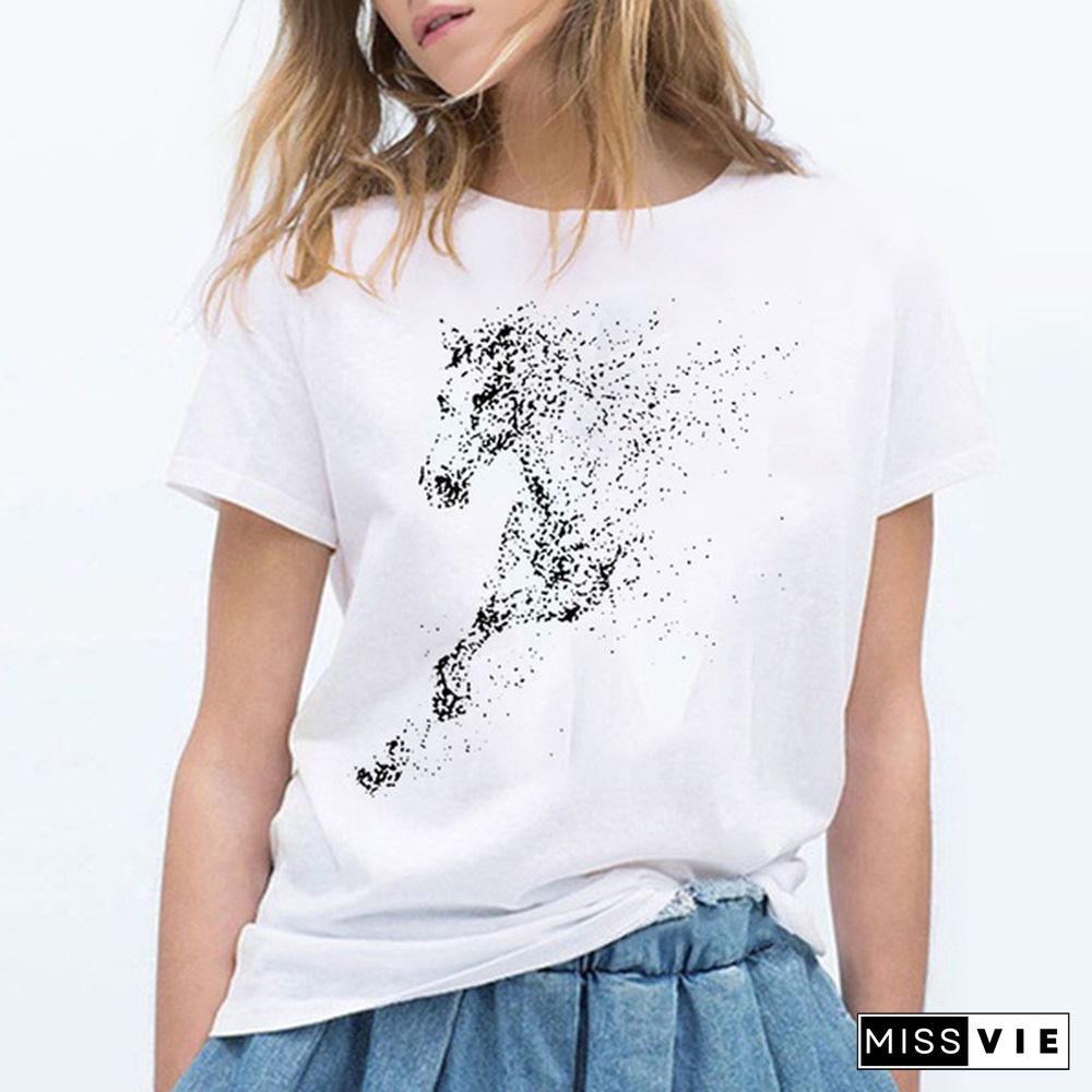 Cute Horse Print T Shirts for Women Summer Short Sleeved Tees Top Women's Round Neck Graphic Tshirts Casual Wear; Loose Fit Tees Woman Blouse Vestidos Mujer