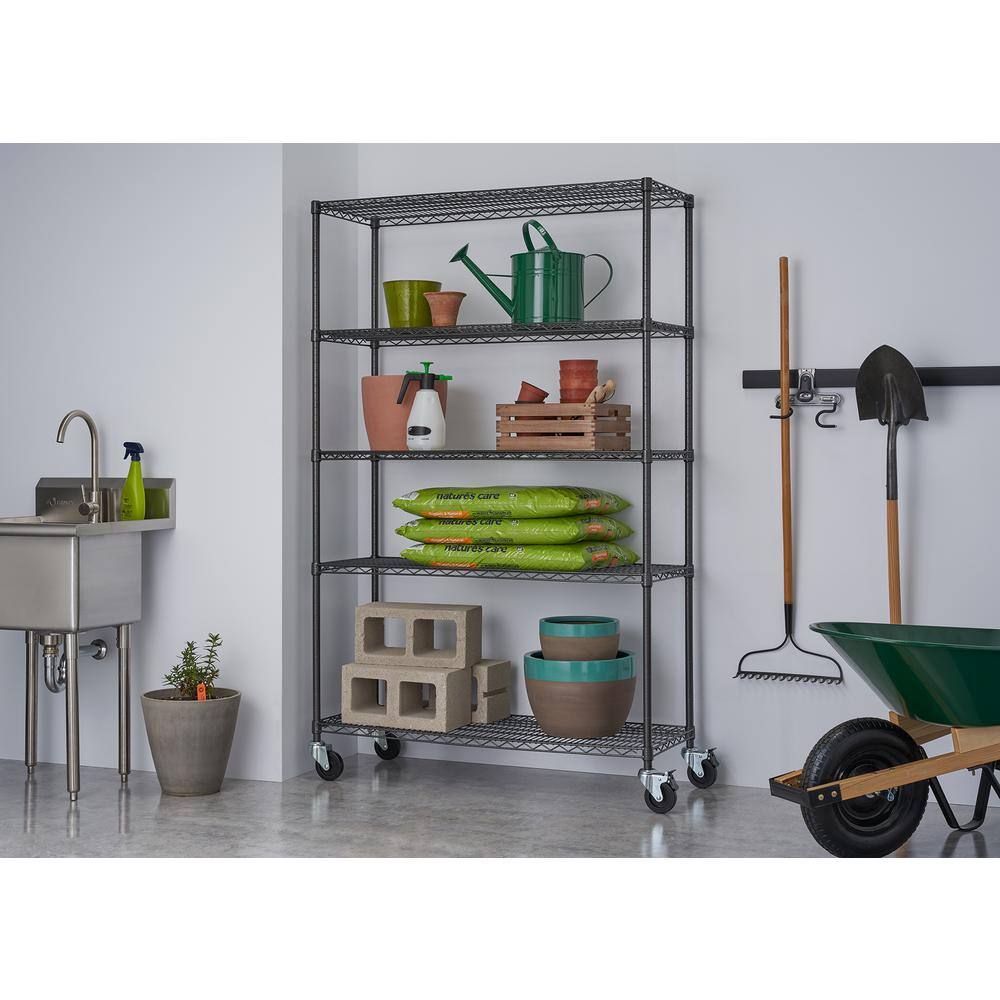 TRINITY PRO Black 5-Tier Rolling Steel Wire Garage Storage Shelving Unit (48 in. W x 77 in. H x 18 in. D) TBFPBA-0924