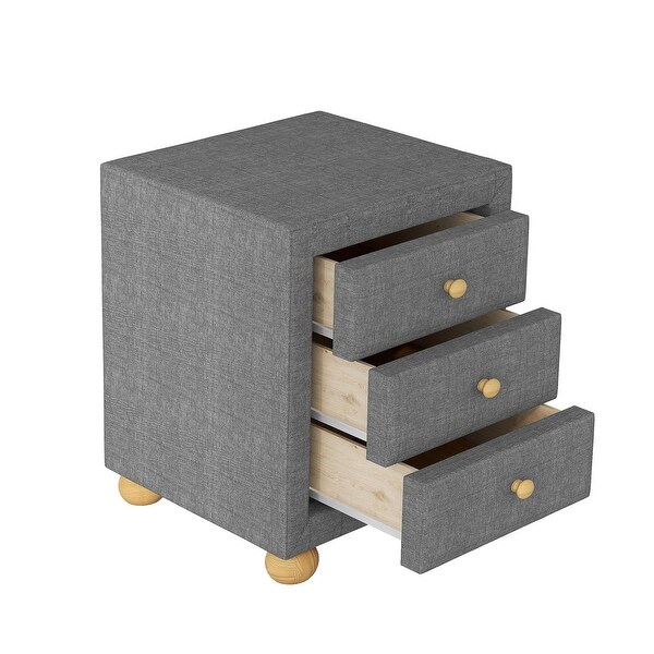 Upholstered Storage Nightstand with 3 Drawers and Natural Wood Knobs - - 36389189