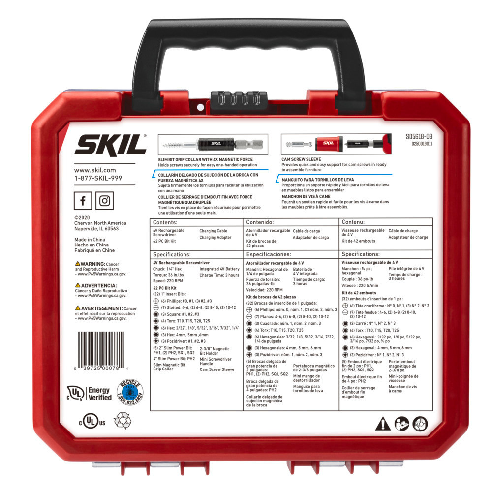 Skil 4V Screwdriver Rechargeable with 42pc Bit Kit ;