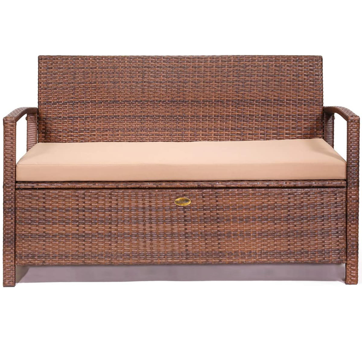 Outdoor Deck Box Bench with Cushion All-Weather Storage with Backrest Armrest, Brown