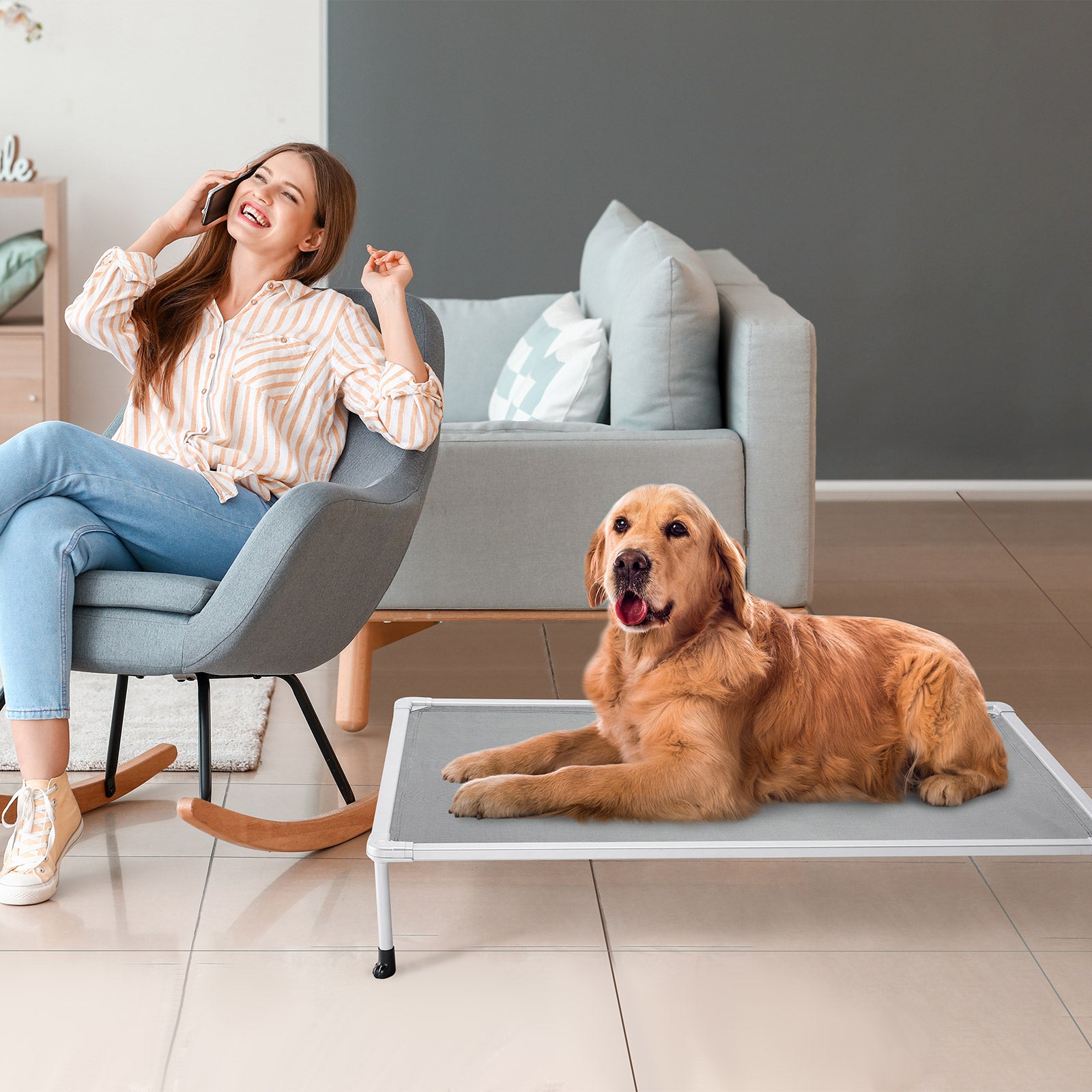 Veehoo Chewproof Dog Bed， Cooling Raised Dog Cots with Silver Metal Frame， Large， Silver Grey