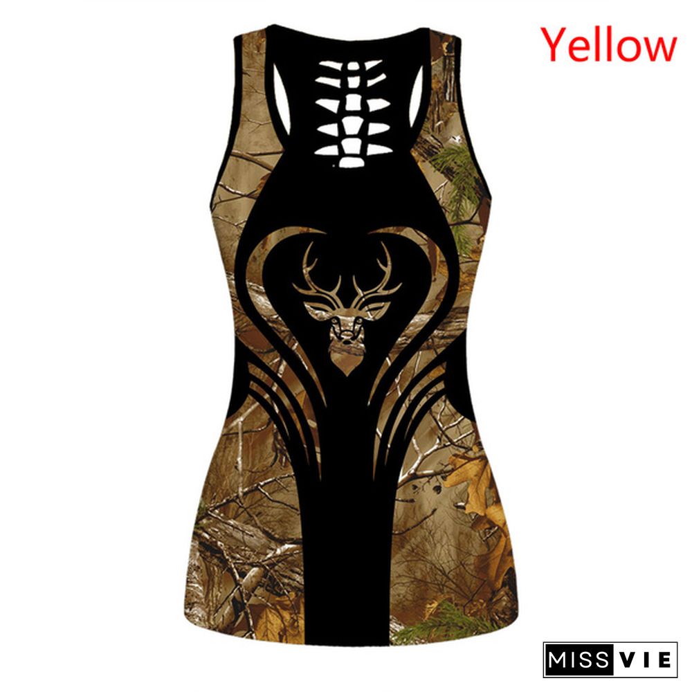 Deer Camouflage Print Cut Out Back Sleeveless Tank Top Sleeveless Shirts