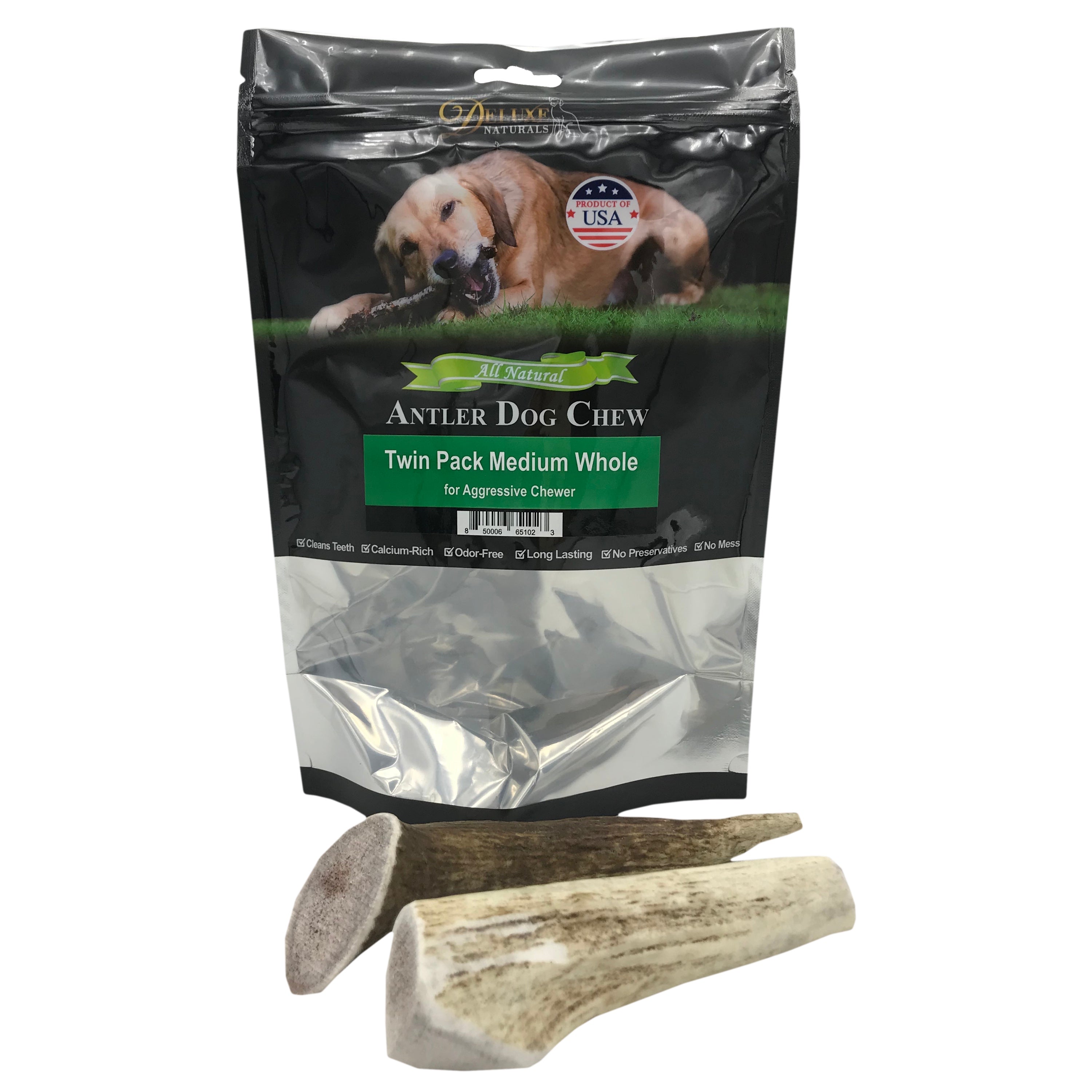 Deluxe Naturals Elk Antler Dog Chew Twin Pack， Medium Whole Antlers