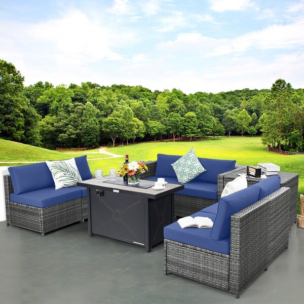 Gymax 9 PCS Patio Rattan Furniture Set Fire Pit Table Storage Black W/