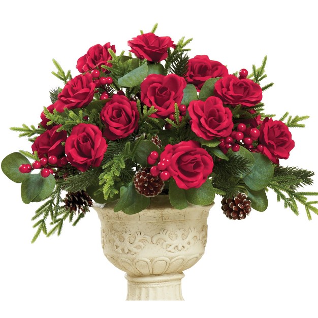 Collections Etc Artificial Holiday Red Rose Bush Arrangement Set Of 3 12 X 12 X 13