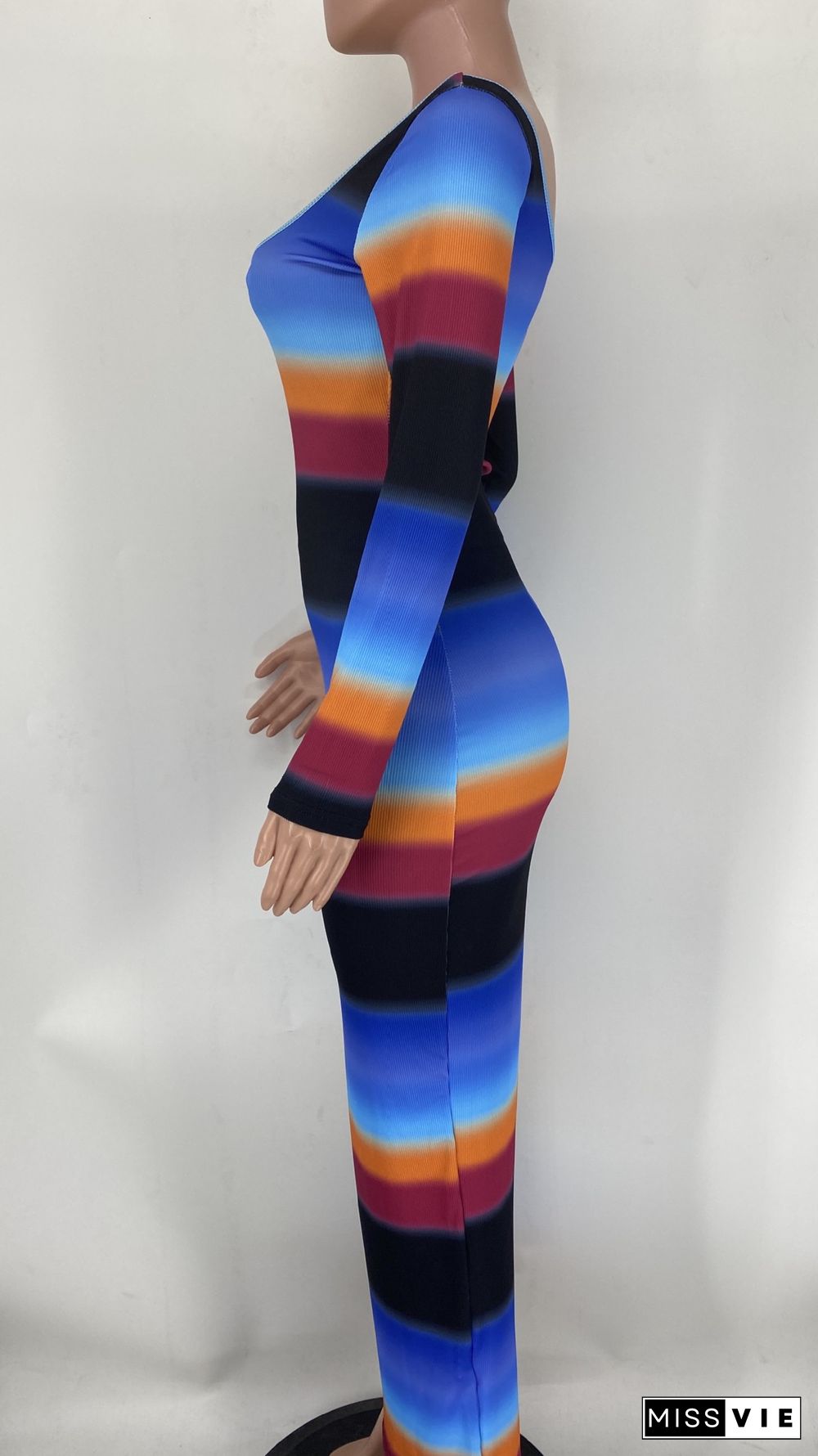 Gradient Print Low Cut Long Sleeve Bodycon Dress