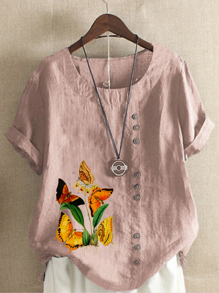 Round Neck Casual Loose Butterfly Short Sleeve Blouse