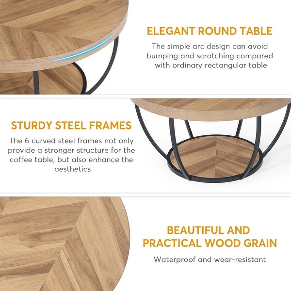 Round Coffee Table， Modern 2-Tier Center Table - Wood