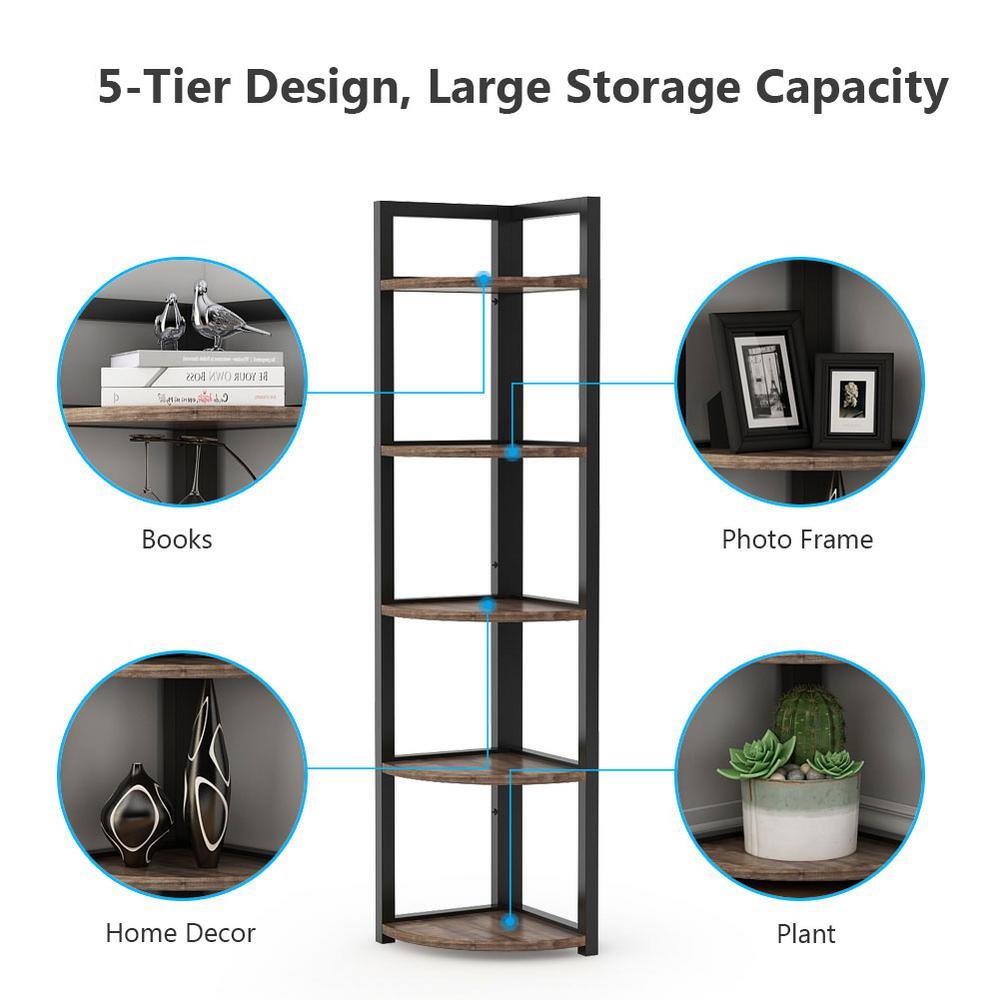 TRIBESIGNS WAY TO ORIGIN Charlie 59 in. Rustic Brown Wood and Black Metal Frame 5-Shelf Radial Corner Shelf Bookshelf Storage Rack Plant Stand HD-SFC0054