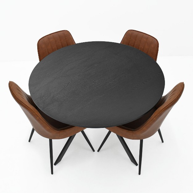 43 x27 x27 Jones Solid Black Grain Round Dining Table With 4 Upholstered Faux Leather Tiny Armchairs With Metal Legs the Pop Maison