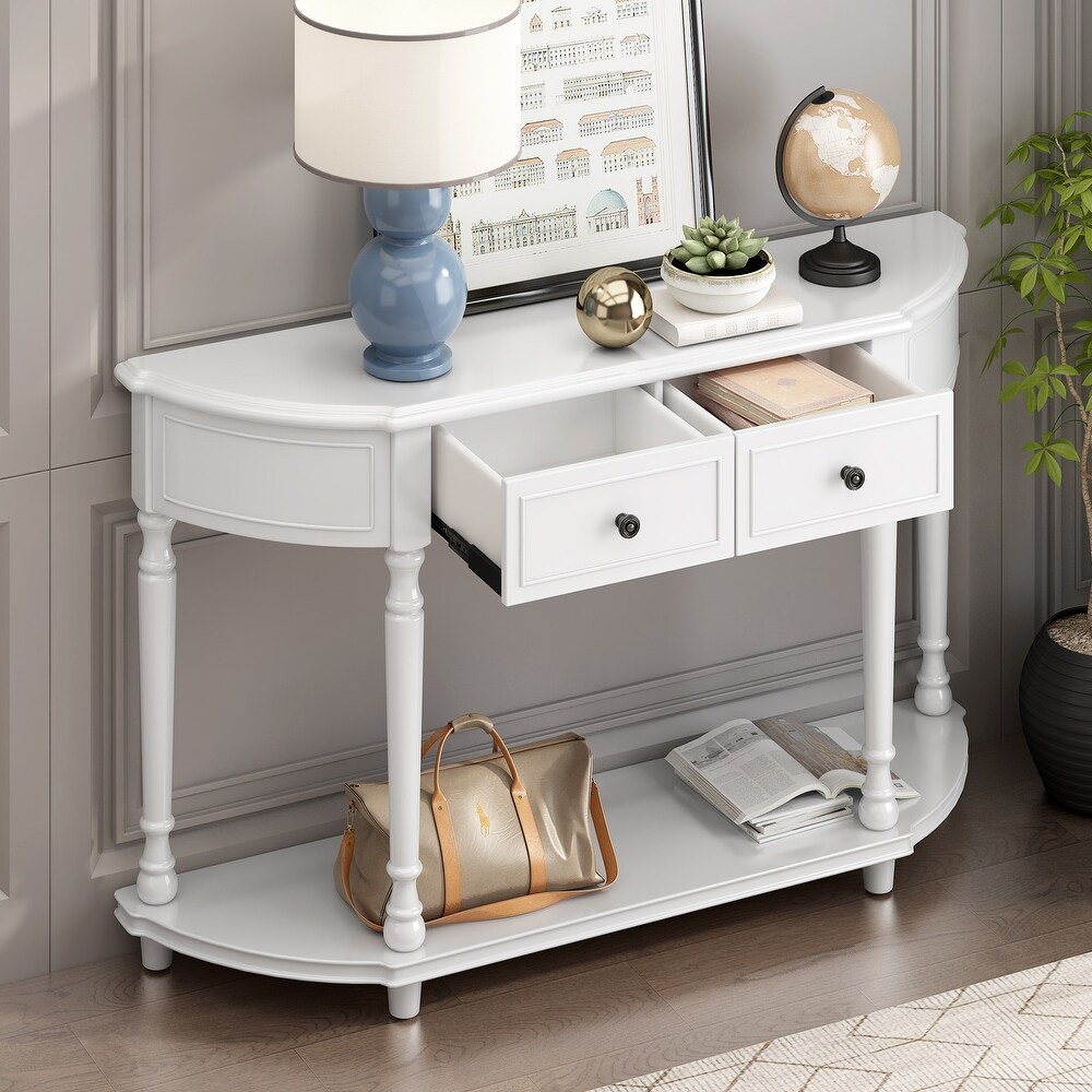 Retro Curved Console Table with Open Style Shelf and 2 Top Drawers  Half Moon Entry Table with Solid Wooden Frame and Legs