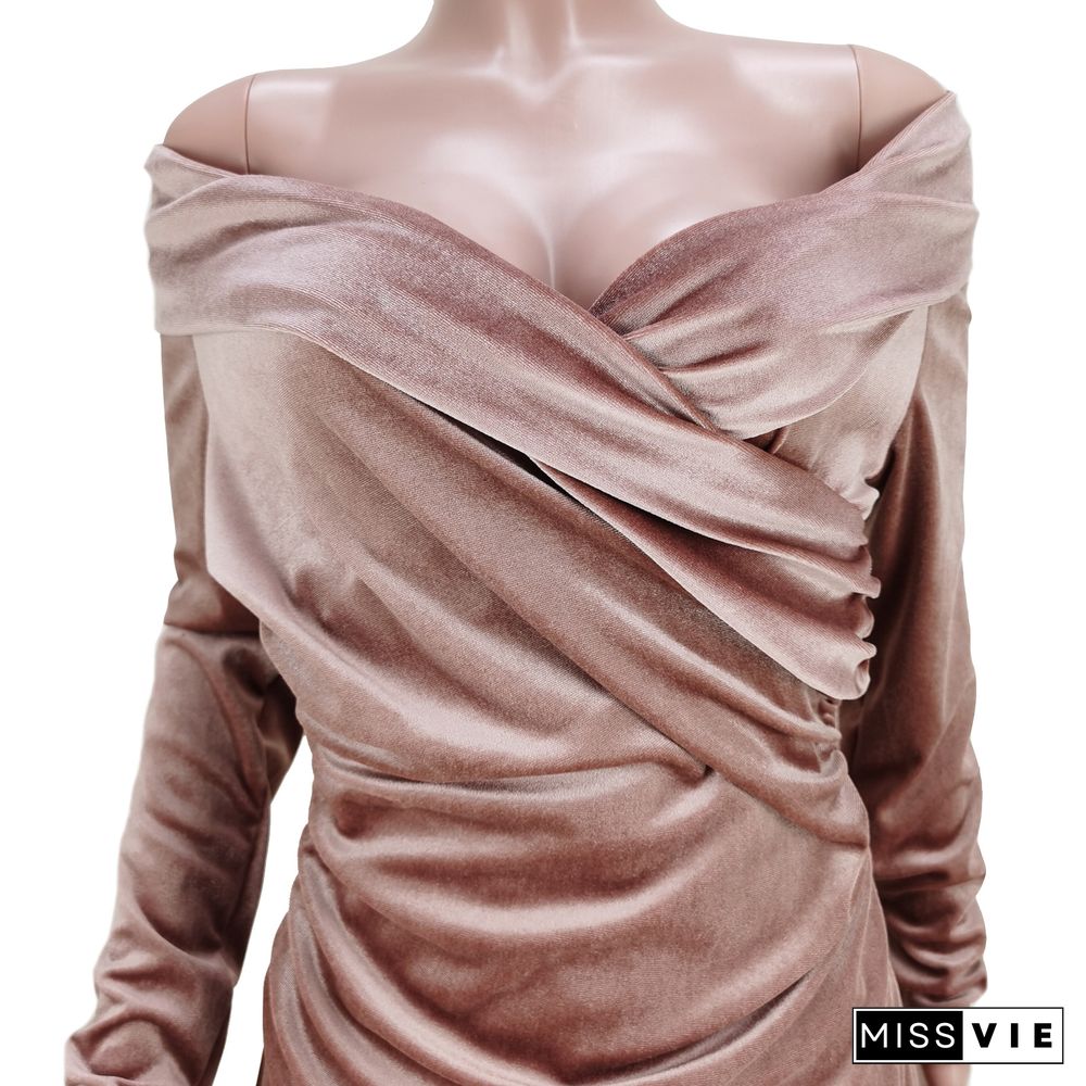 Velvet Off Shoulder Sexy Ruched Party Evening Dress