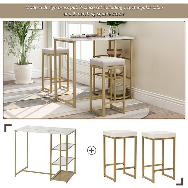 3 piece vintage bar set with natural wood countertops and 2 bar stools /3 storage shelves. (White/Gold)