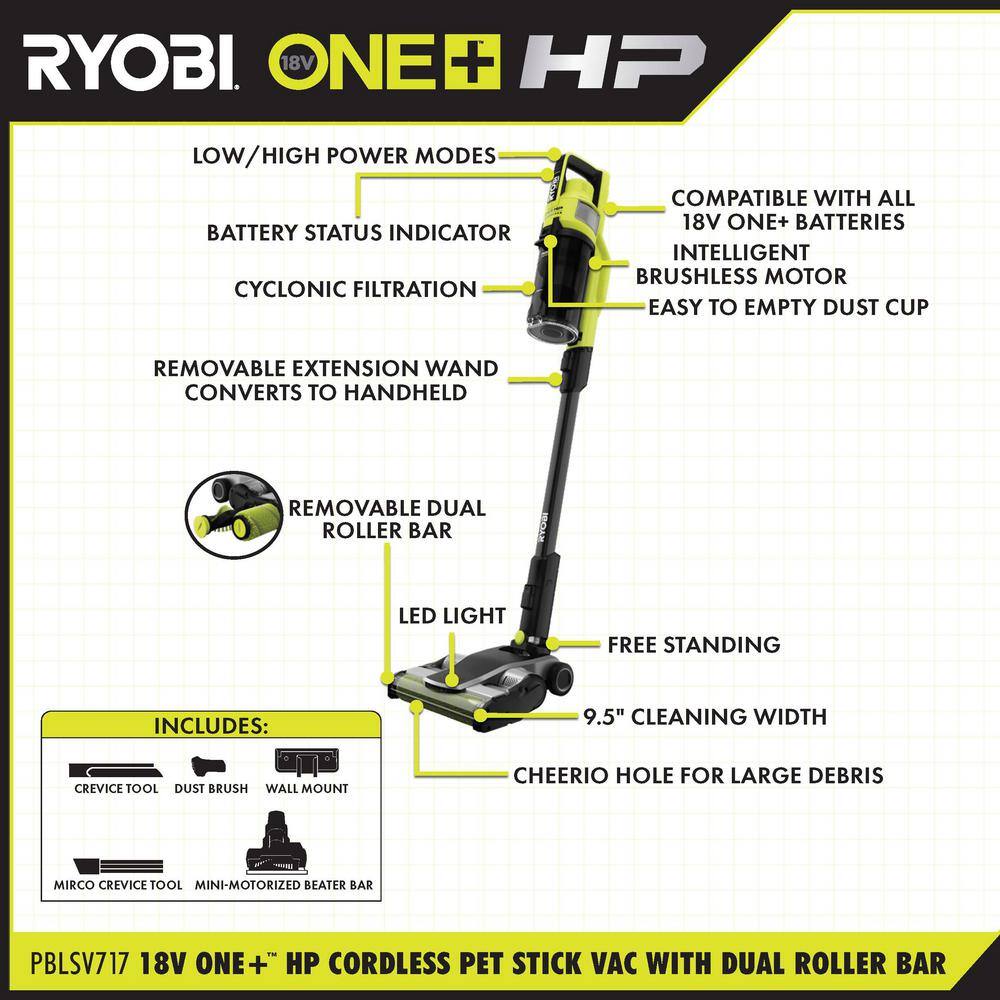 RYOBI ONE+ HP 18V Brushless Cordless Pet Stick Vac with Kit with Dual-Roller 4.0 Ah HIGH PERFORMANCE Battery and Charger PBLSV717K