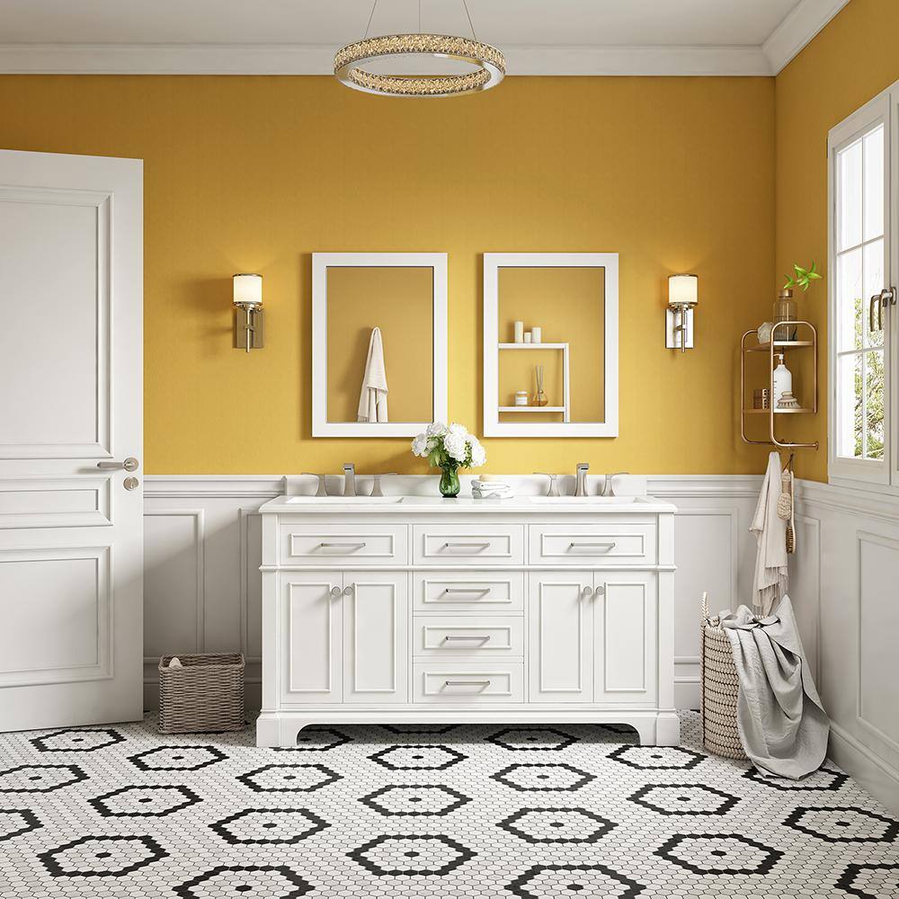 Home Decorators Collection Melpark 60 in. W x 22 in. D x 34.5 in. H Bath Vanity in White with White Cultured Marble Top Melpark 60W