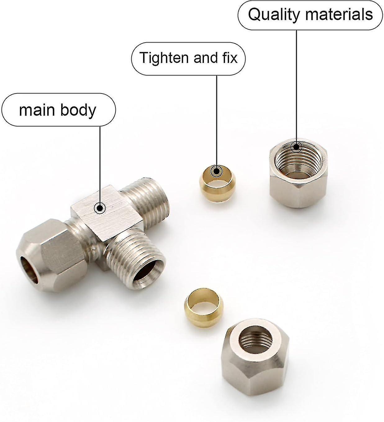 2 Pieces 8mm Compression Ferrule Tube， Equal Diameter Tee， Silver Color Ferrule Tube Fitting， Copper