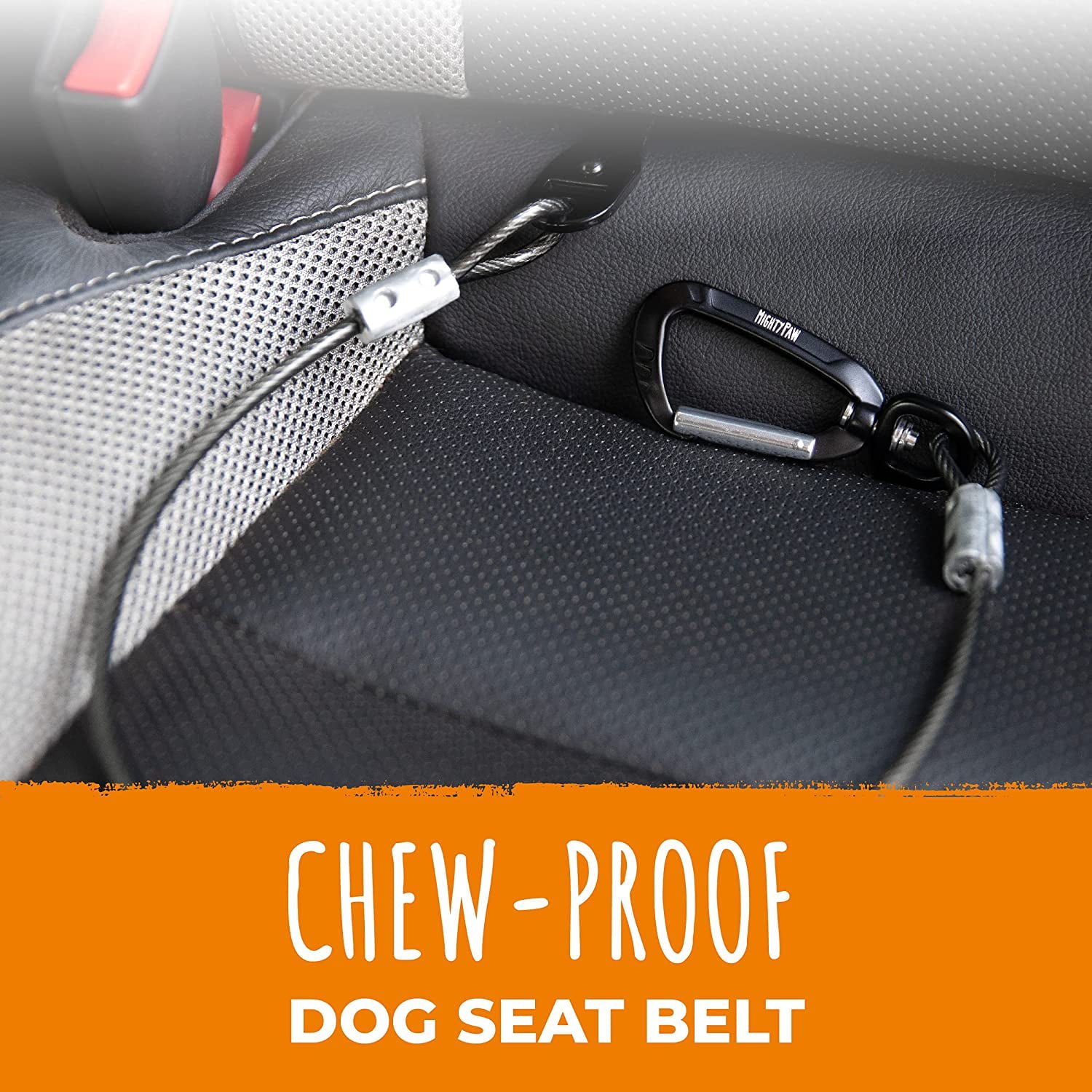 Mighty Paw Dog Seat Belt Chew Proof Metal Pet Safety Belt Steel Braided Vehicle Restraint No Chew Tether Seatbelt with Rock Climbers Carabiner