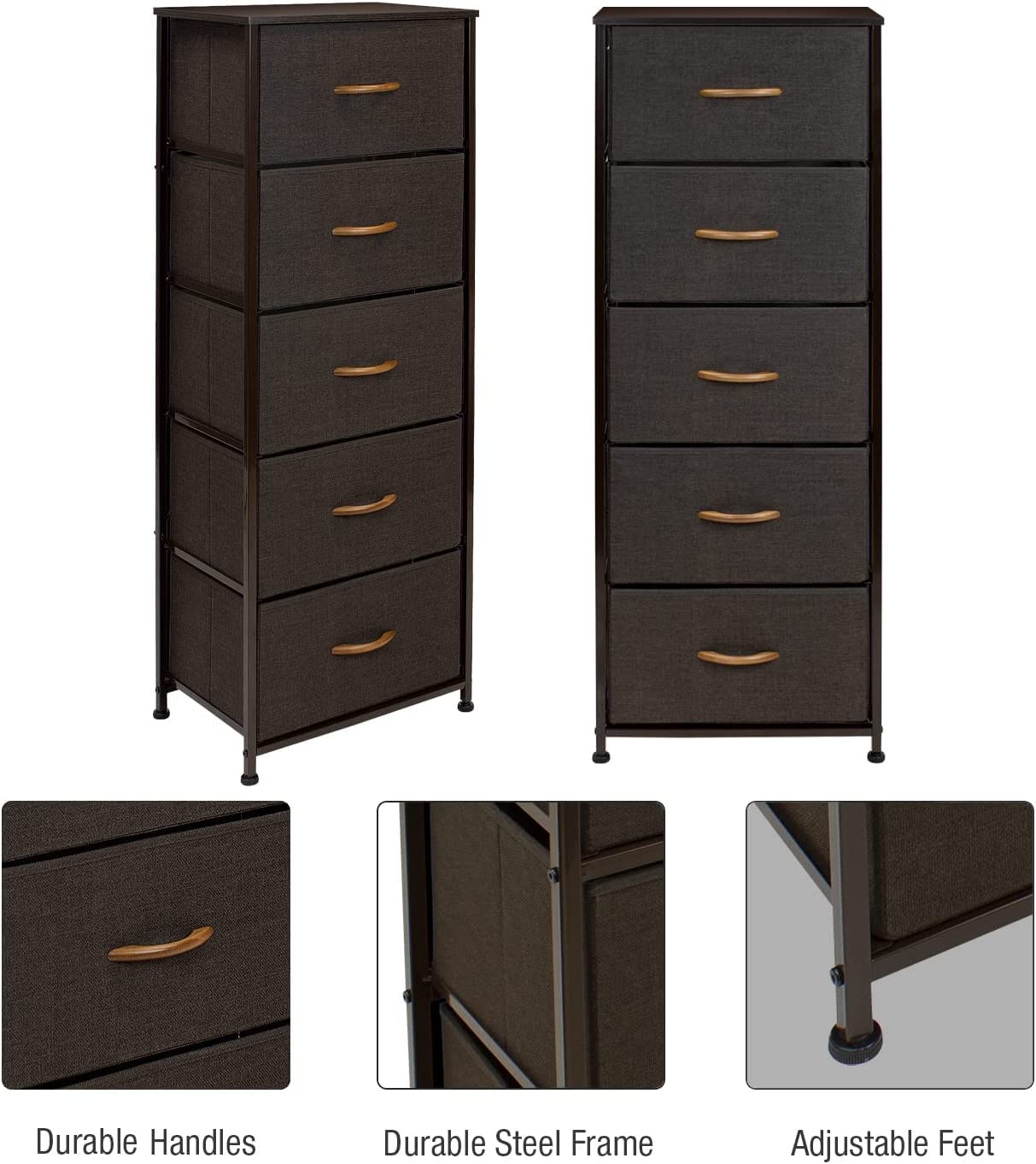 Sorbus Dresser Storage Tower, Organizer for Closet, Tall Dresser for Bedroom, Chest Drawer for Clothes, home office, Living Room, College Dorm, Steel Frame, Wood Top, Fabric, 5 Drawers