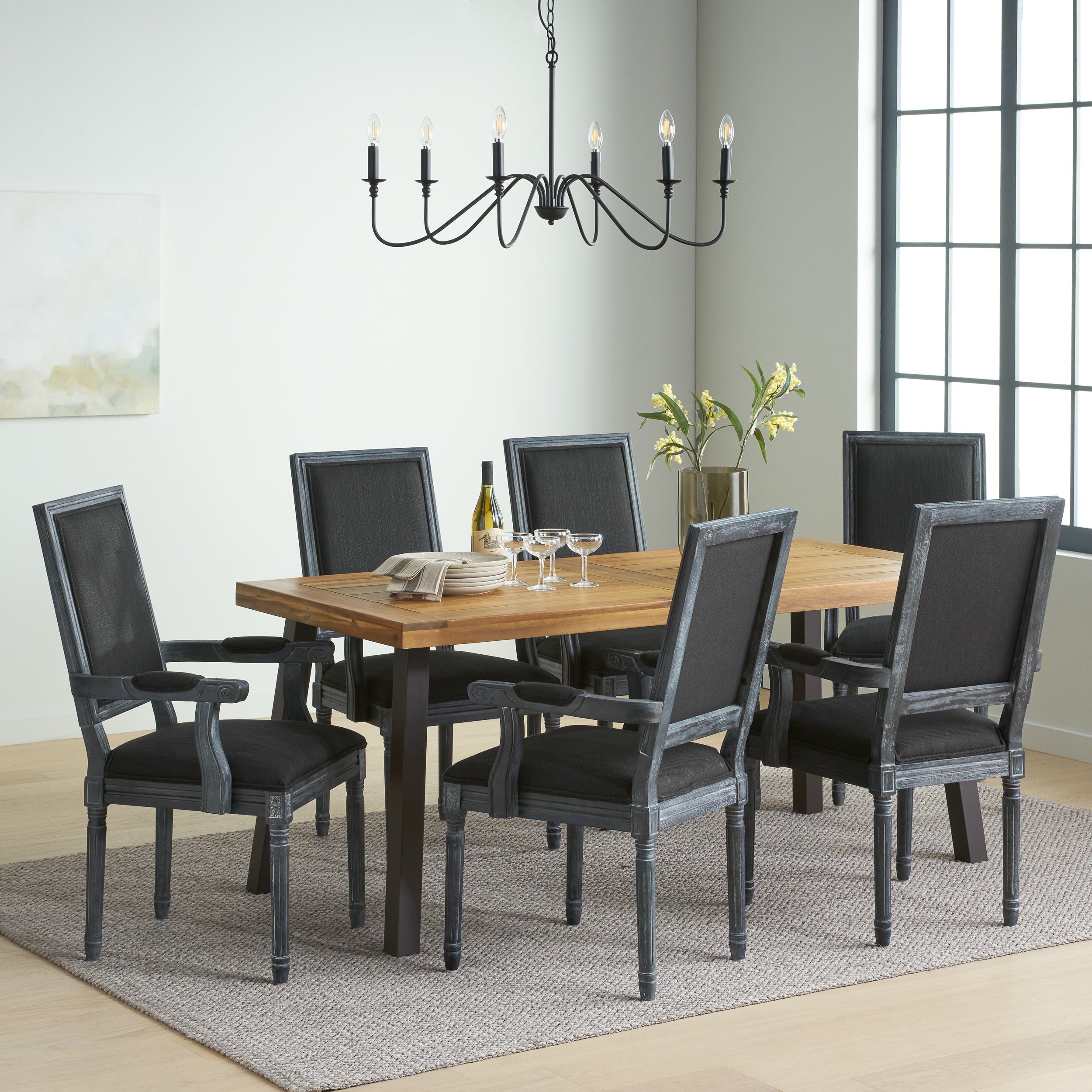 Coniston Farmhouse Fabric Upholstered Wood and Iron 7 Piece Dining Set