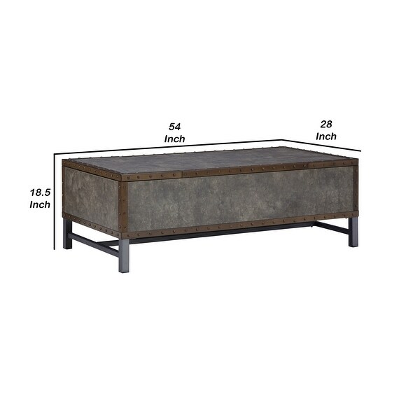 54 Inch Rectangular Trunk Coffee Table， Lift Top with 2 Bins， Bronze， Gray