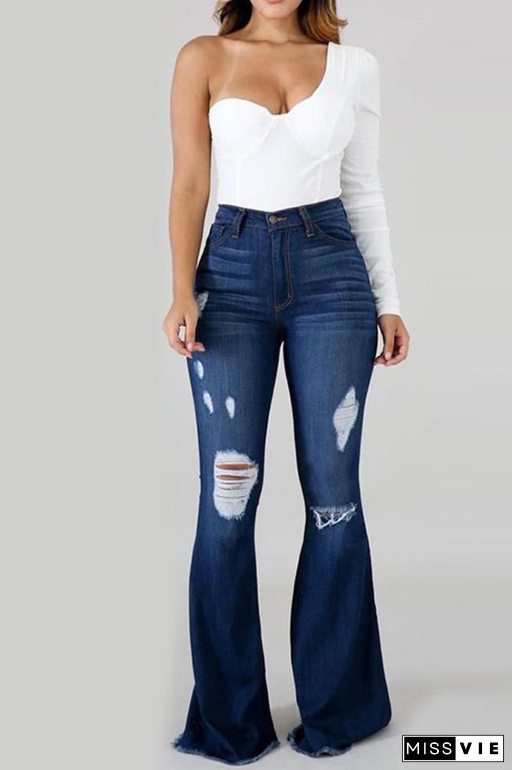 Fashion Casual Solid Ripped High Waist Regular Denim Jeans