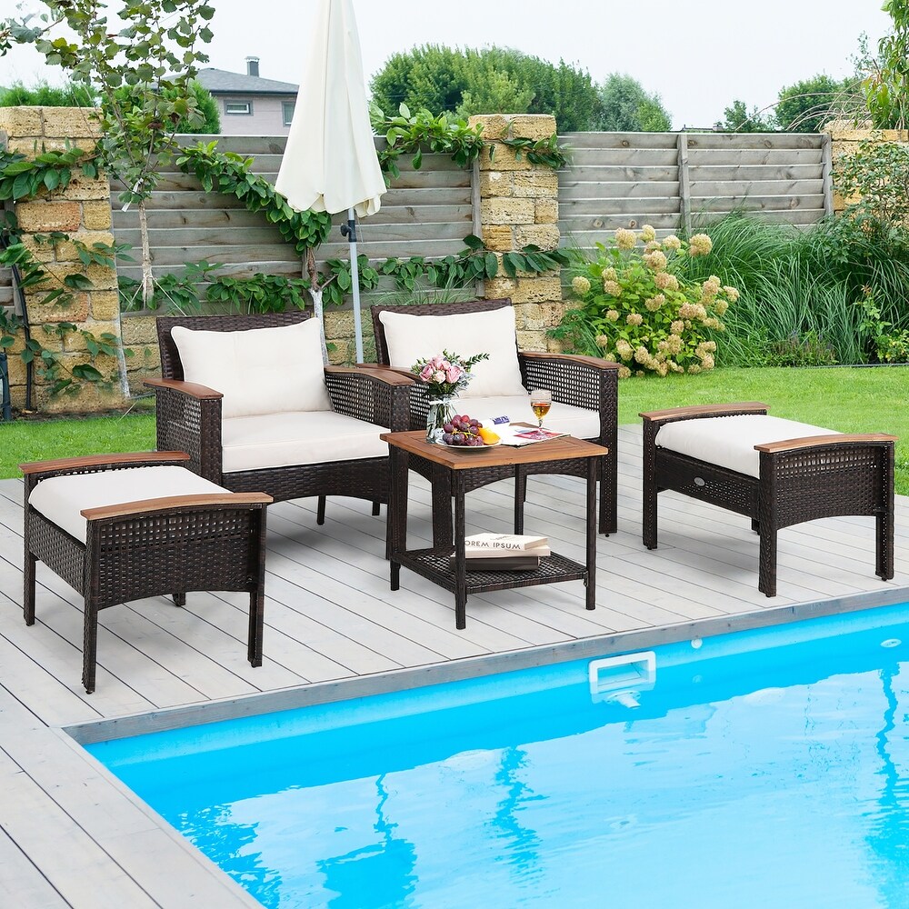 5PCS Patio Rattan Furniture Set Acacia Wood Table Armrest Cushion Yard