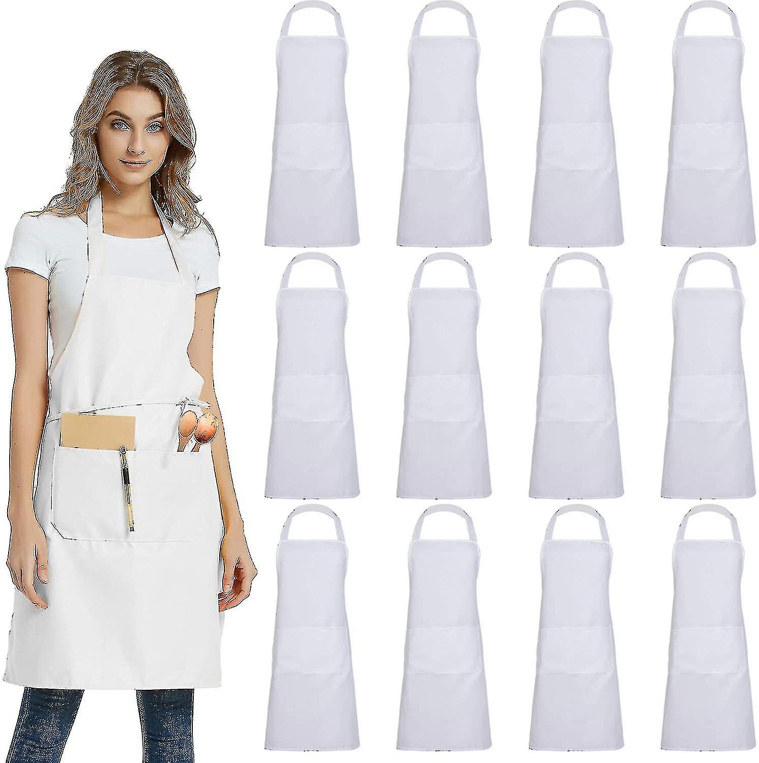 12 Pack Plain Bib Aprons With 2 Pockets - White Unisex Commercial Apron Bulk For Kitchen Cooking Restaurant Bbq Painting Crafting