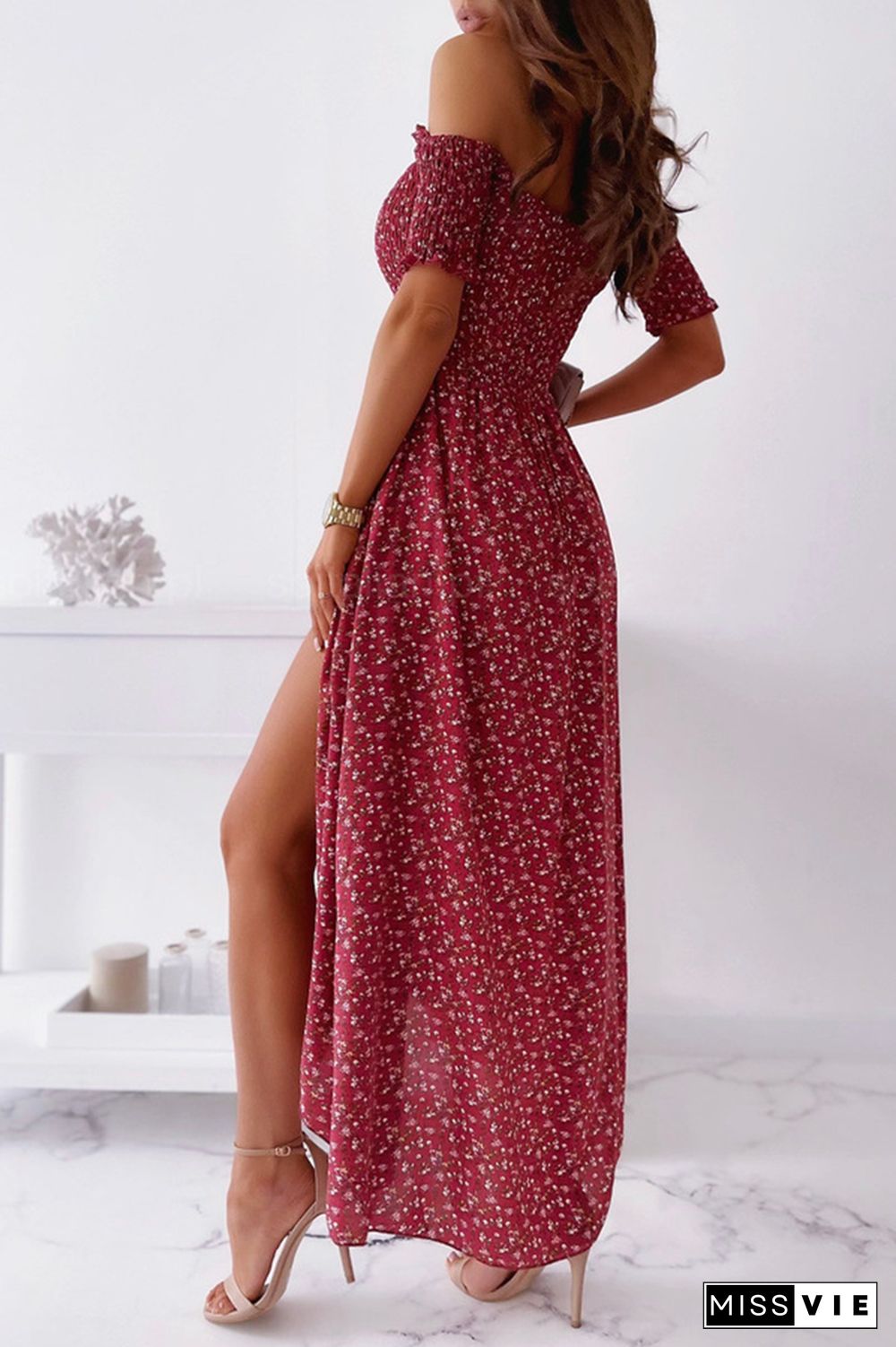 Elegant Floral Slit Fold Off the Shoulder Waist Skirt Dresses