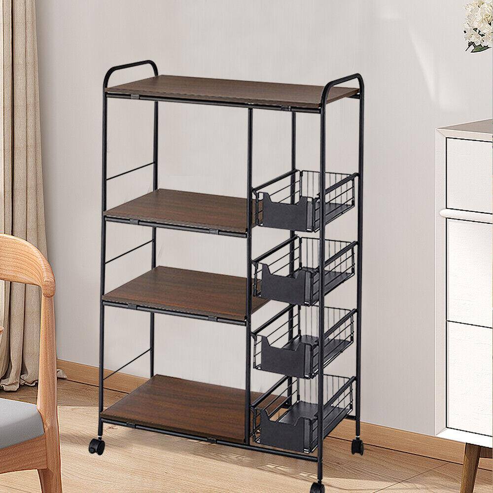 YIYIBYUS Walnut Wood Rolling 4-Tier 4-Wheeled Metal Wire Baskets Stand Cart in Black HG-LYFLST-6010-1