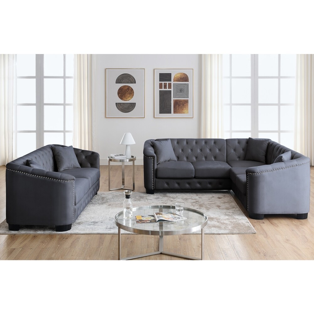 2 Piece Sofa Sets Luxurious Velvet Upholstered Corner Sofa+3 Seater Combination Sofa with Nailhead Trim and 5 Pillows