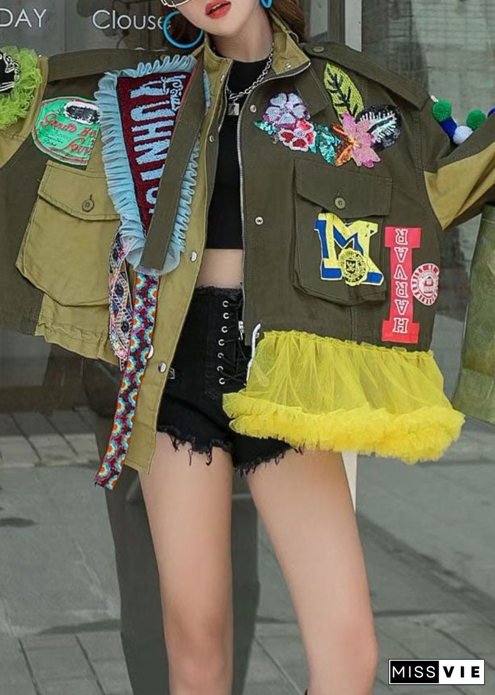 Modern Army Green Tulle Ruffled Sequins Patchwork Denim Jacket Spring