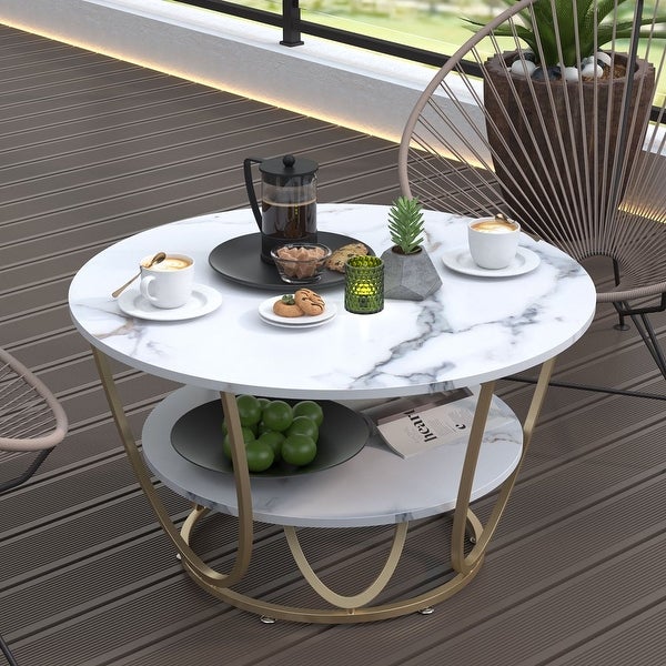 Modern Faux Marble 2 Tier Round Coffee Table， Gold