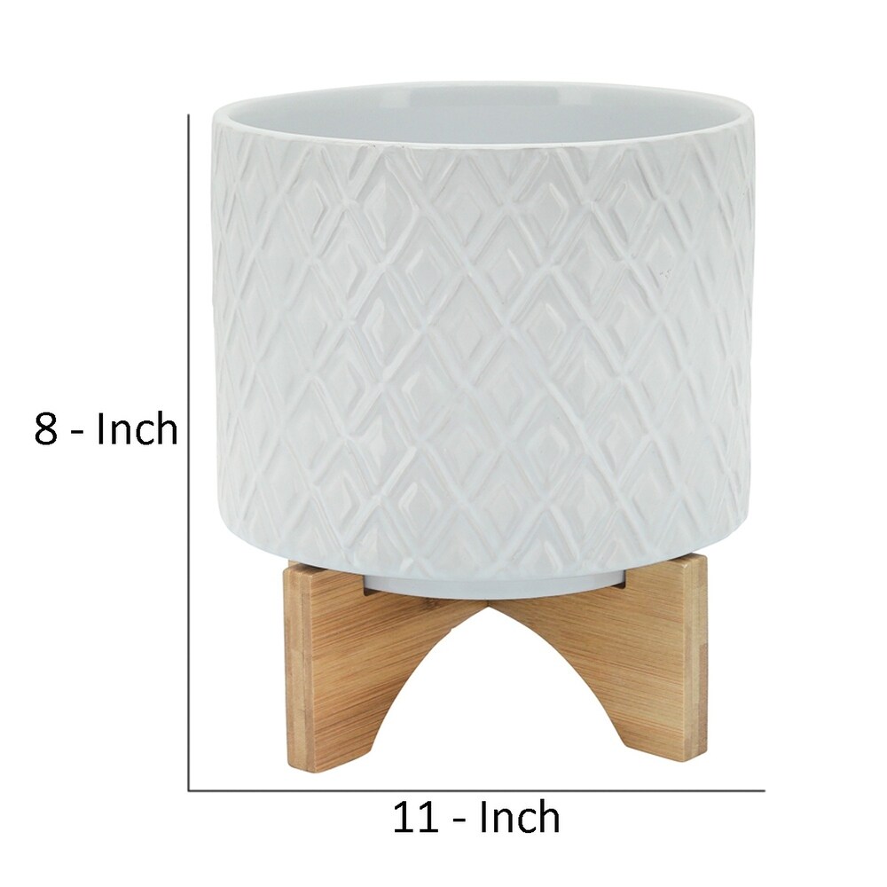 Ceramic Planter with Diamond Pattern and Wooden Stand  White