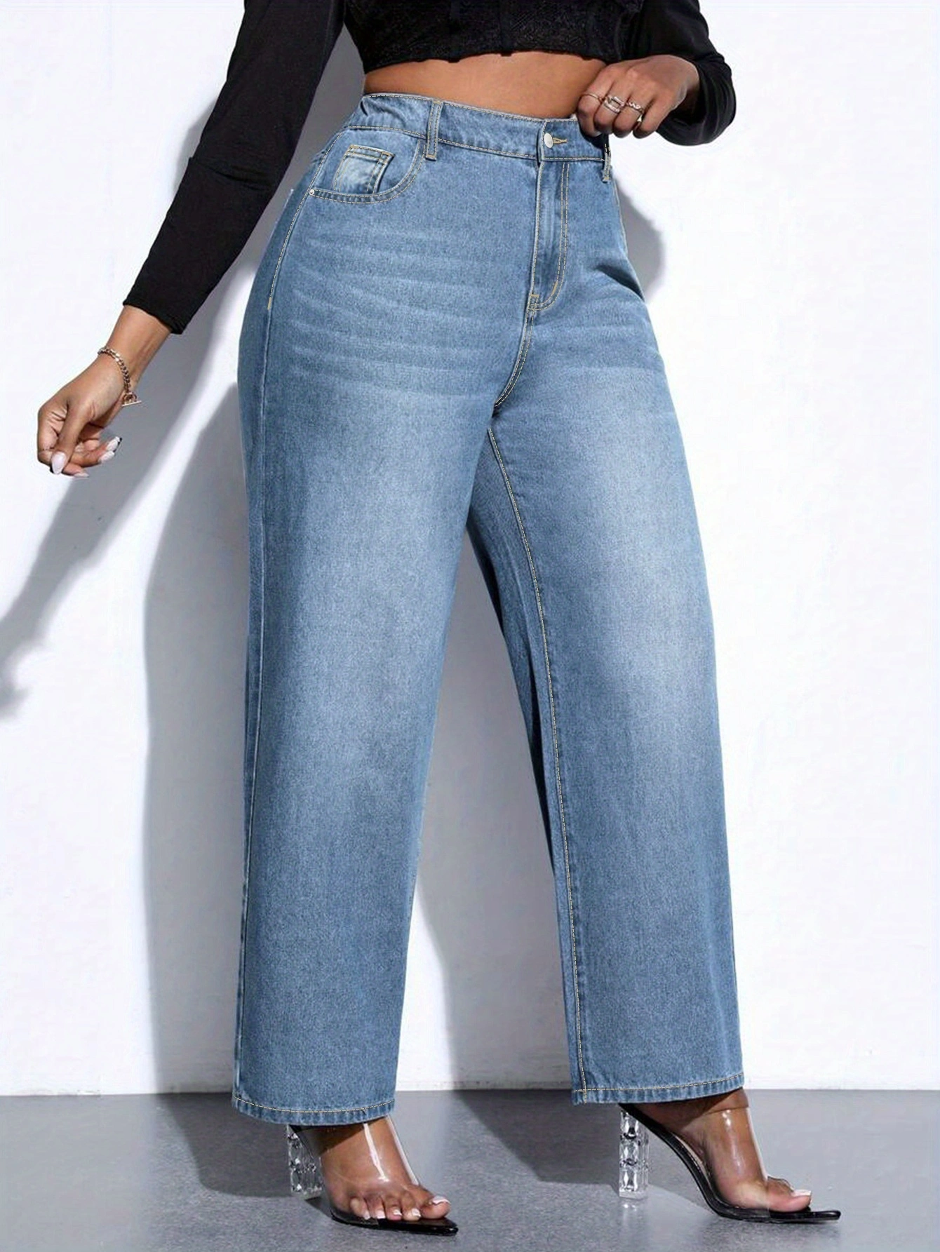 Plus Size Wide Leg Light Blue Jeans - Full Length, Stretchy, Straight, Comfortable, and Flattering Denim Pants for Women