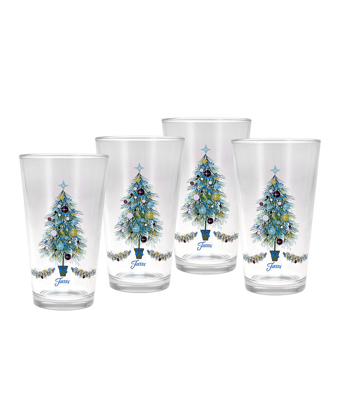 Fiesta Blue Christmas Tree Tapered Cooler 4 Piece Glass Set 16 oz