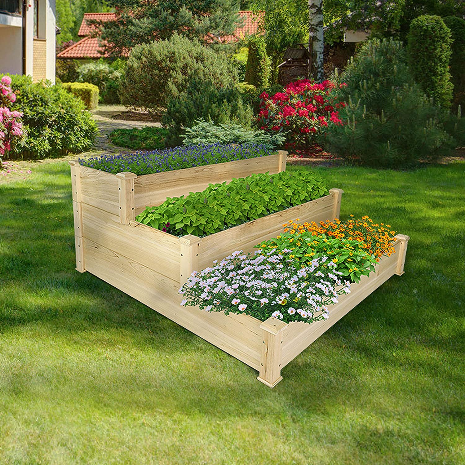 3 Tier Raised Garden Bed, Outdoor Wood Elevated Garden Bed Kit Planter Box for Growing Vegetable Flower Herb