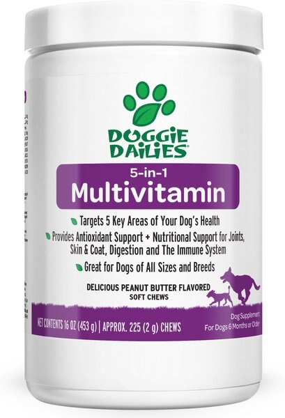 Doggie Dailies 5-in-1 Multivitamin Soft Chew Dog Supplement， 225 count