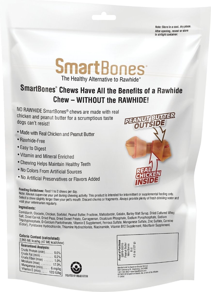 SmartBones Peanut Butter Mini Chews Dog Treats， 8 count