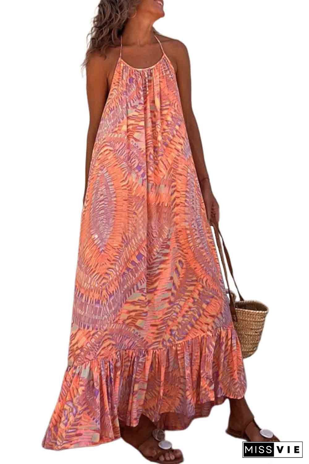 Orange Geometric Print Tassel Tie Halterneck Maxi Dress