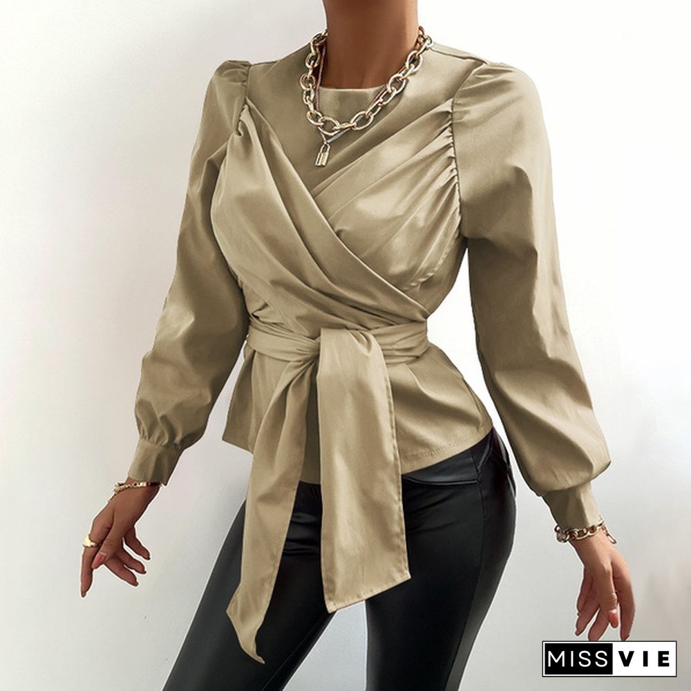 Womens Long Sleeve Blouse Bandage Wrap Tops Streetwear Elegant Casual Loose Shirt Plus Size Clothes