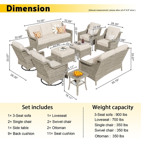 HOOOWOOO 9piece Patio Wicker Furniture Conversation Set with Swivel Chair and Loveseat Sofa