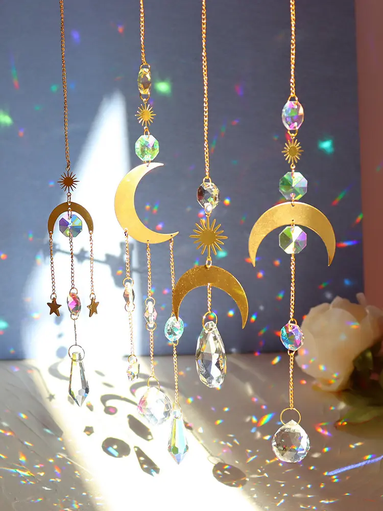 Metal Healing Crystal Prism Chaser Glass Windchime Moon Star Sun Ball Light Catchers Pendants Ornament Crafts Decor