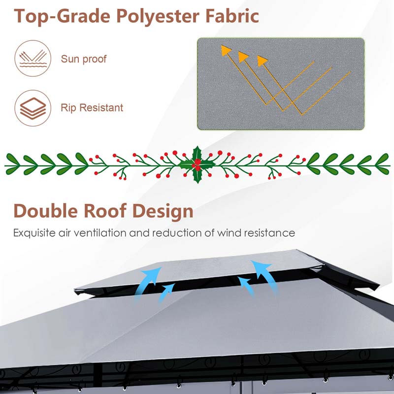 10 x 13 FT Steel Patio Gazebo with Mesh Curtains, 2 Tier Vented Roof Outdoor Canopy Gazebo Tent