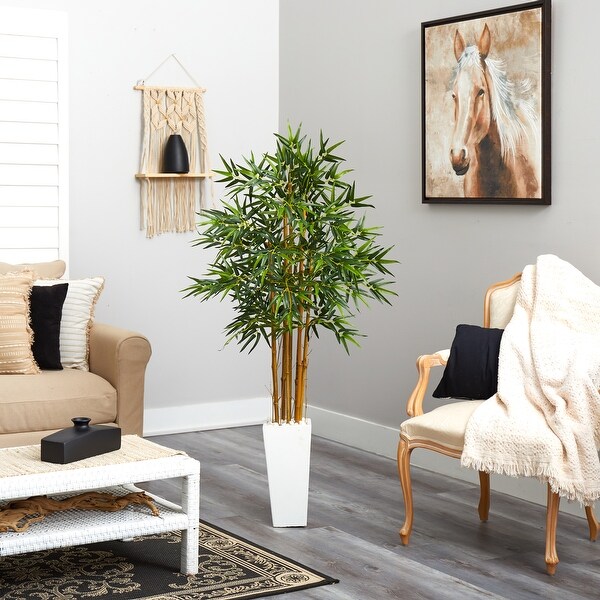 Nearly Natural Green 5foot Bamboo Tree in White Tower Planter